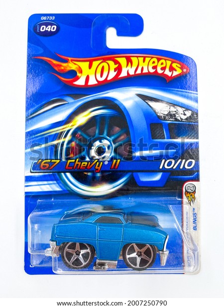 Bangkok Thailand - 08\
Jul 2021: Pack of Hot Wheels die cast carded car model for Hot\
Wheels series. Hot Wheels is a scale die-cast toy cars by American\
toy maker Mattel