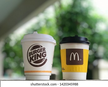 Bangkok Thailand 10 June 2019 : Burger King And Mcdonald's Coffee Cup. Fast Food Business Background 