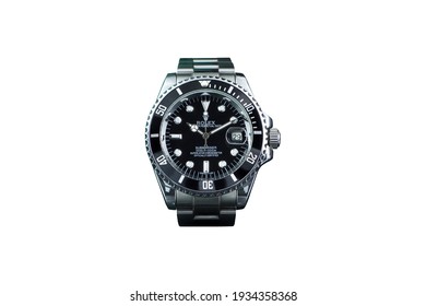 Bangkok, Thailand, 12 March 2021,The Rolex Vintage Wristwatch Ceramic Bezel Model Black Oyster Perpetual Submariner Date 39 Mm Display Isolated On White Background (clipping Path Included)