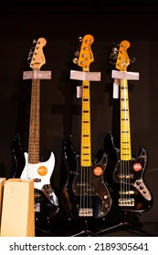 BANGKOK, THAILAND, 12-Aug-2022 : Fender Guitars Basses In Music Instrument Store.