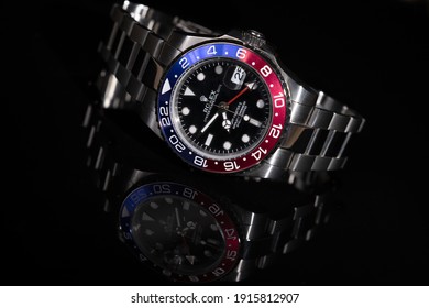 Bangkok, Thailand 13th February 2021. Rolex GMT-MASTER II watch. Black background. 100mm f2.8 macro 2x1 mag. 