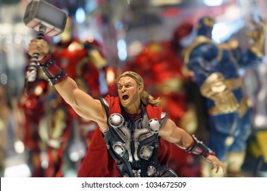 BANGKOK, THAILAND - 16 FEB 2018: Close up shot of Thor figure model on store shelf. Thor is a fictional character appearing in American Marvel comic books.