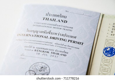 Bangkok Thailand 18 July 2017 , International Driving Permit , Document For Driving In Foreign Country, On The White Background