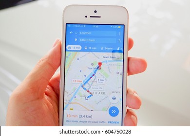 Bangkok, Thailand - 18 MARCH, 2017: Close-Up Of Smartphone Displaying Google Map