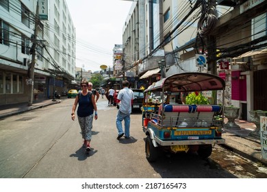 BANGKOK - THAILAND, 20 March 2016. Bangkok City Streets. Traditional Tuk Tuk Taxi And Street Ride Of Foreign Tourists.