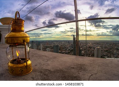 Bangkok, Thailand - 2015: Lebua and Sirocco bar at State Tower in Silom district during sunset. 
