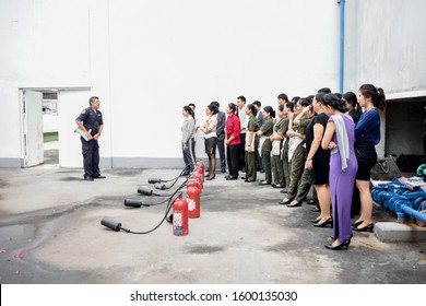 Bangkok, Thailand - 2018 : Fire Evacuation Drill, Safety Training, Use Fire Extinguisher