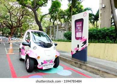 Bangkok, Thailand 2019; 21 December 2019; Mini EV Cars Recharged Battery, CU Toyota Ha:mo Is The First Project Of Electric Vehicle (EV) Sharing Car Service In Thailand At Chulalongkorn University.