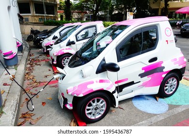 Bangkok, Thailand 2019; 21 December 2019; Mini EV Cars Recharged Battery, CU Toyota Ha:mo Is The First Project Of Electric Vehicle (EV) Sharing Car Service In Thailand At Chulalongkorn University.