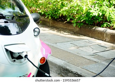 Bangkok, Thailand 2019; 21 December 2019; Mini EV Cars Recharged Battery, CU Toyota Ha:mo Is The First Project Of Electric Vehicle (EV) Sharing Car Service In Thailand At Chulalongkorn University.