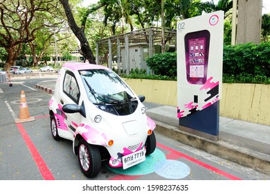 Bangkok, Thailand 2019; 21 December 2019; Mini EV Cars Recharged Battery, CU Toyota Ha:mo Is The First Project Of Electric Vehicle (EV) Sharing Car Service In Thailand At Chulalongkorn University.