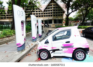 Bangkok, Thailand 2019; 21 December 2019; Mini EV Cars Recharged Battery, CU Toyota Ha:mo Is The First Project Of Electric Vehicle (EV) Sharing Car Service In Thailand At Chulalongkorn University.