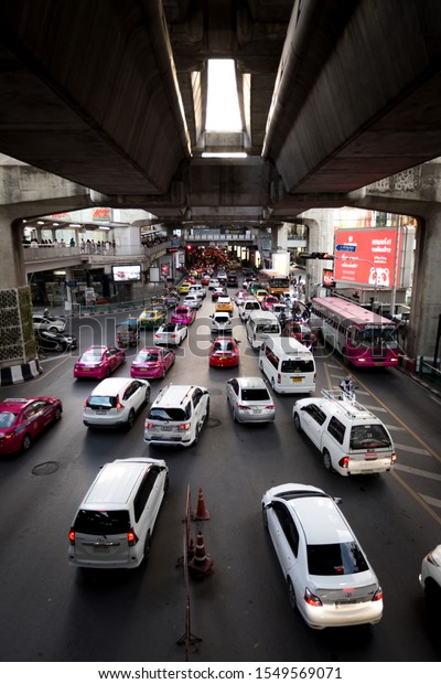 Bangkok, Thailand - 2019, August 11 :\
Traffic jam on the road at Siam, Bangkok,\
Thailand.