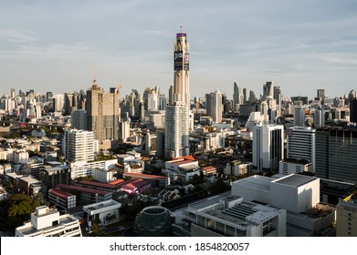 Bangkok, Thailand - 2020 July 27: View of Baiyok Tower II and surrounding buildings in the evening in Bangkok. It is the building in Bangkok with 328.4 m (1,077 ft).