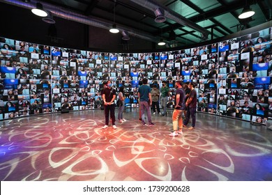 Bangkok Thailand 21 May 2020 ,The Team Stood To Prepare The Event For The Large LED Screen, Which Was Projecting A Large Number Of Attendees Via Zoom.