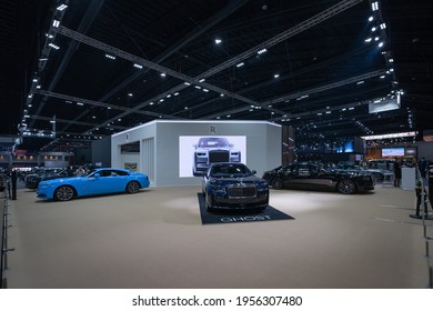 Bangkok, Thailand - 24 March 2021 : Rolls-Royce Luxury Car with beautiful exhibition design boot show on display in 42th Bangkok International Motor Show 2021