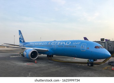 BANGKOK, THAILAND - 25 JANUARY 2020: ETIHAD AIRWAYS Aircraft With Manchester City Painting Of Blue Colour, Parking At Suvarnabhumi Airport, Thailand.