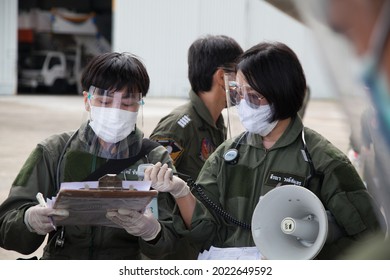 Bangkok Thailand 25 Jul 2021: Aeromedical Nurse Were Checking The List Before Air Evacuation Training In The Airport