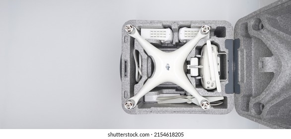 Bangkok, Thailand - 26 Mar 2022, Phantom 4 pro in the foam box. It is no longer in production. For the latest in DJI technology. Bangkok, Thailand.
