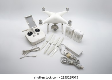 Bangkok, Thailand - 26 Mar 2022, Phantom 4 pro Package Set, battery, remote control, charged cable, helicopter propeller. It is no longer in production. For the latest in DJI technology. Bangkok.