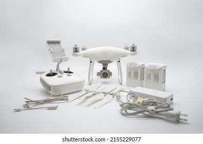 Bangkok, Thailand - 26 Mar 2022, Phantom 4 pro Package Set, battery, remote control, charged cable, helicopter propeller. It is no longer in production. For the latest in DJI technology. Bangkok.