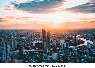 Bangkok, Thailand - 27 MAR 2020 : View Of Bangkok Skyline And Skyscraper Seen From Mahanakhon Tower Famous Skyscrapers In Day Time