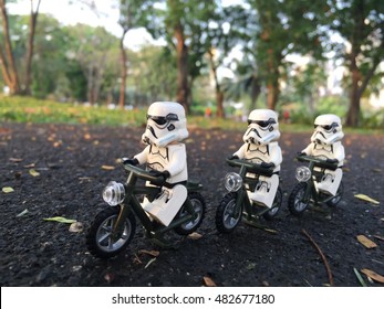 Bangkok, Thailand: 28 Feb 2016 - Lego Stormtrooper bike squad in the park. Stormtrooper is a character from Star Wars. These mini figures are from Lego Star Wars. Lego is a brick brand by Lego group