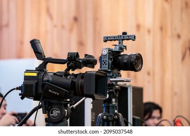 Bangkok, Thailand - 29 Aug 2020, SONY Video Recorders, Professional Camera Are Installed, Directing To Interview At The Studio Stage At Bangkok, Thailand.