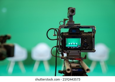 Bangkok, Thailand - 29 Aug 2020, A SONY Video Recorder, Professional Camera And Equipment Extension Is Stalled, Directing To Interview Stage On Green Background At Bangkok, Thailand.