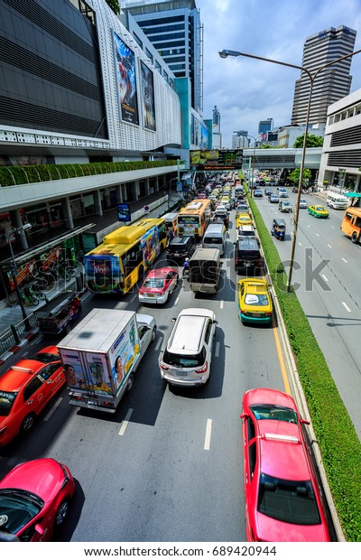 Bangkok, Thailand -29 July\
2017: Roads and traffic in Bangkok during the afternoon of the\
holidays.