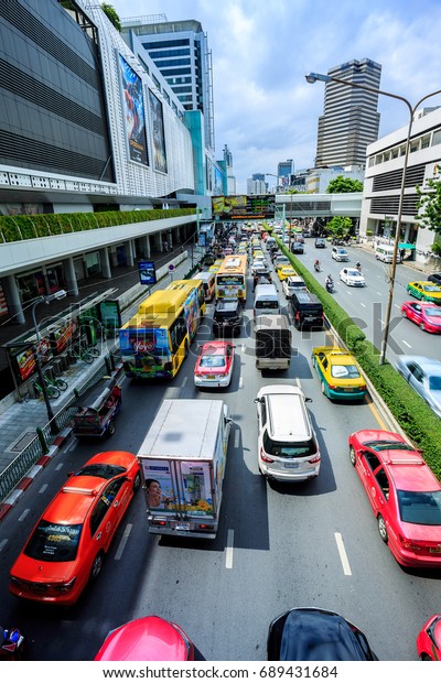 Bangkok, Thailand -29 July\
2017: Roads and traffic in Bangkok during the afternoon of the\
holidays.