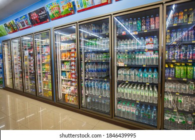 BANGKOK, THAILAND - 31,October 20 : Drink Products In  Supermarket Variety Of Drinks On Shelves In Convenience Store