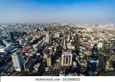 BANGKOK, THAILAND - 5 Dec 2019 : aerial view of Bangkok city downtown skyline and expressway road, view from Baiyoke Tower II in Bangkok, Thailand