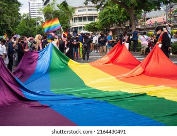 Bangkok, Thailand - 5 JUN 22. Bangkok First Pride Parade. Big Rainbow Flag.