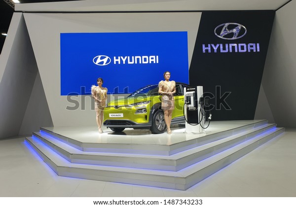 BANGKOK, THAILAND - 6 APR 2019: Hyundai Kona\
Electric car display in exhibition hall. The Kona electric or Kona\
EV is the world\'s first fully electric subcompact crossover SUV\
launched in South\
Korea.
