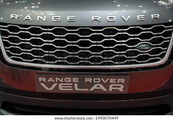 BANGKOK, THAILAND - 6 APR 2019: Close up Range\
Rover Velar at Bangkok Motor Show. It is a British compact luxury\
crossover SUV produced by automotive company Jaguar Land Rover\
under Land Rover\
marque.