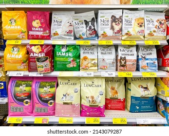 Bangkok Thailand - 6 April 2022: Many Brand’s Of Pet Food On Shelf In The Tesco Lotus Srinakarin Branch