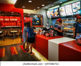 Bangkok, Thailand 6/9/2019 The atmosphere of the customer to use the service in the KFC Harland D. Sanders, the founder of KFC since 1939, was born on September 9, 1890 and died on December 16, 1980