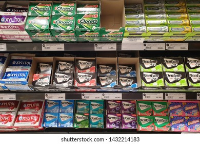 BANGKOK, THAILAND - 7 APR 2019: Various brand of chewing gum for sale at a Siam Paragon grocery store.