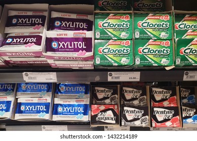 BANGKOK, THAILAND - 7 APR 2019: Various brand of chewing gum for sale at a Siam Paragon grocery store.