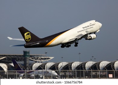 Bangkok Thailand 8 Apr 2018:UPS Cargo Boeing 747-400F Was Taking Off From Suwannabhum Airport To Ship Goods.