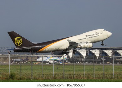 Bangkok Thailand 8 Apr 2018:UPS Cargo Boeing 747-400F Was Taking Off From Suwannabhum Airport To Ship Goods.