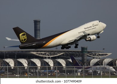 Bangkok Thailand 8 Apr 2018:UPS Cargo Boeing 747-400F Was Taking Off From Suwannabhum International Airport To Ship Goods.