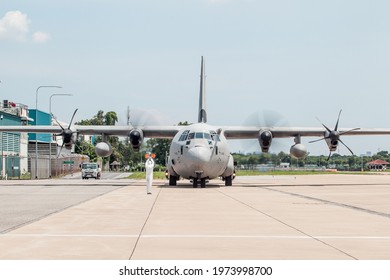 Bangkok Thailand 9 may 2021:The Royal India Air Force C-130J Hecules was parking to recieve the Oxygen tank donation in Don muang international Airport. 