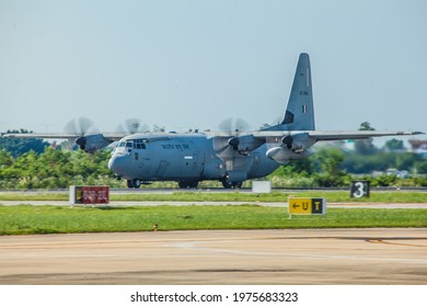 Bangkok Thailand 9 may 2021:The Royal India Air Force C-130J Hecules was taking off Don muang international Airport after recieve the Oxygen tank donation. 