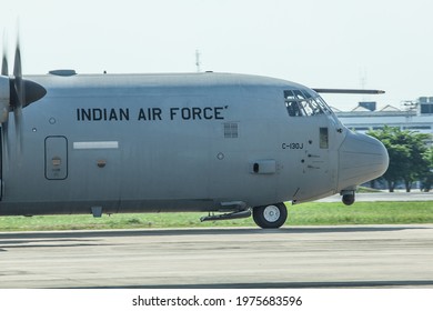 Bangkok Thailand 9 may 2021:The Royal India Air Force C-130J Hecules was taxing in Don muang international Airport to recieve the Oxygen tank donation. 