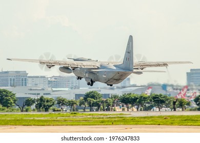 Bangkok Thailand 9 may 2021:The Royal India Air Force C-130J Hecules was landing in Don muang international Airport to recieve the Oxygen tank donation. 