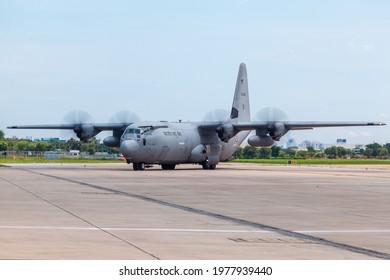 Bangkok Thailand 9 may 2021:The Royal India Air Force C-130J Hecules was Landing Don muang international Airport before recieve the Oxygen tank donation. 
