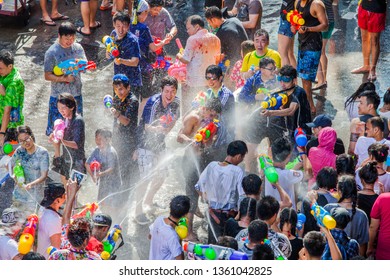 BANGKOK, THAILAND - APR 13: Famous Songkran Festival In Silom On April 13, 2018. One Of The Most Popular Water Fight Places During Songkran In Bangkok, Thailand.