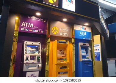 BANGKOK, THAILAND - APR 7, 2019: ATMs Of SCB, Krungsri And TMB Banks At BTS Station, Bangkok. ATM Is An Electronic Telecommunications Device That Enables  Customers To Perform Financial Transactions.